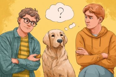 This shows two people, a dog, and a question mark.