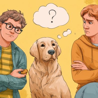 This shows two people, a dog, and a question mark.