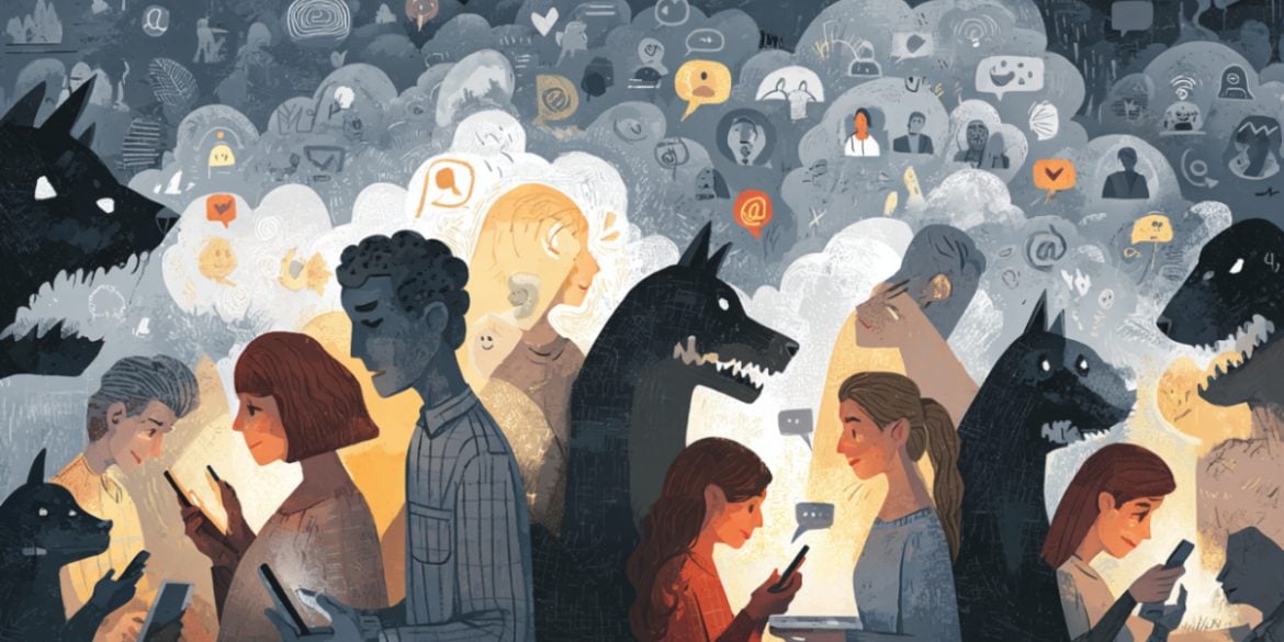 This shows people and wolves with cell phones.