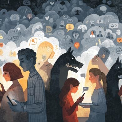 This shows people and wolves with cell phones.