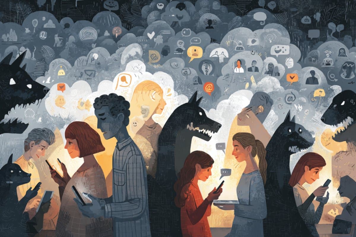 This shows people and wolves with cell phones.