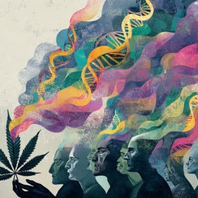 This shows DNA, people, and a leaf.