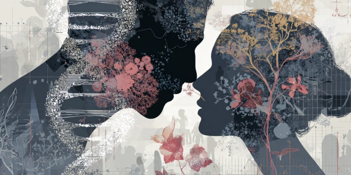 This shows a man and woman with their heads close together, surrounded by DNA and flowers. The implication of this image is that men and women's olfactory senses differ according to genetics.