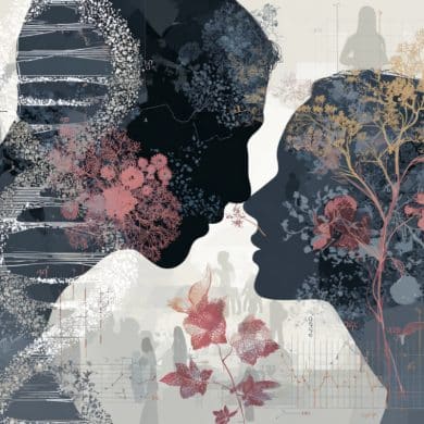 This shows a man and woman with their heads close together, surrounded by DNA and flowers. The implication of this image is that men and women's olfactory senses differ according to genetics.