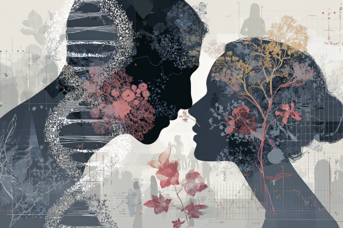 This shows a man and woman with their heads close together, surrounded by DNA and flowers. The implication of this image is that men and women's olfactory senses differ according to genetics.