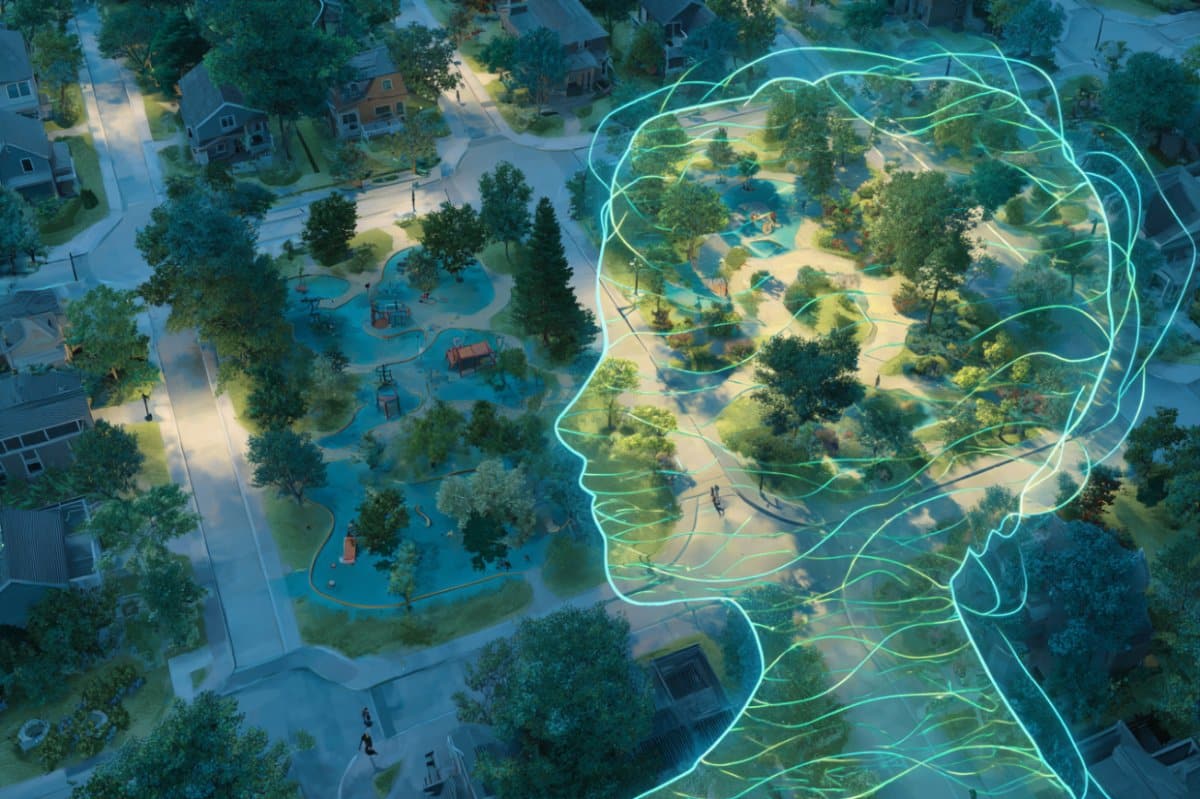 This shows the outline of a child's head and a park.