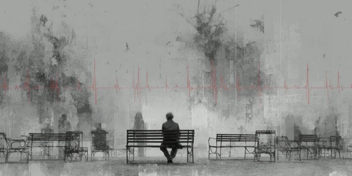 This shows a lonely older person sitting on a bench.
