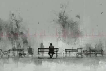 This shows a lonely older person sitting on a bench.