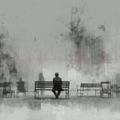 This shows a lonely older person sitting on a bench.