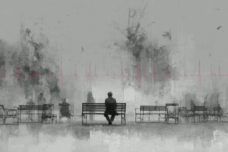 This shows a lonely older person sitting on a bench.