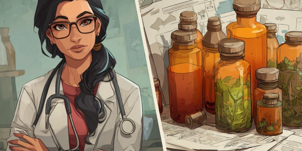 This shows a doctor and herbal remedies.