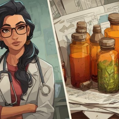 This shows a doctor and herbal remedies.