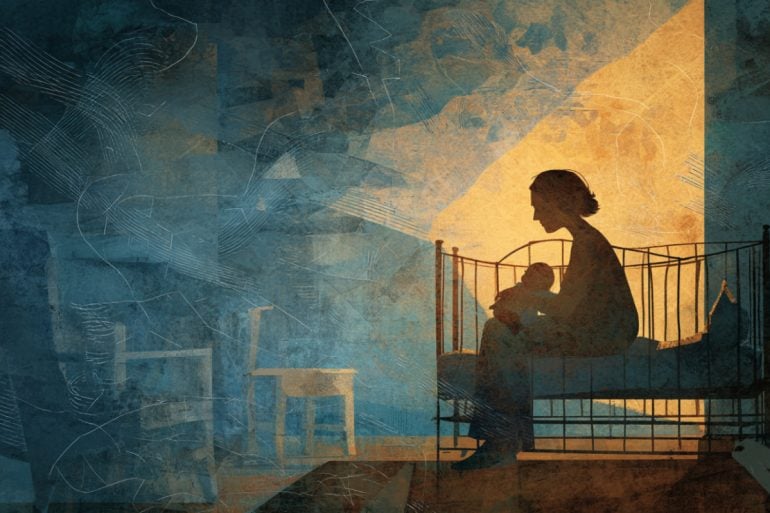 This shows a sad mom sitting by a crib.