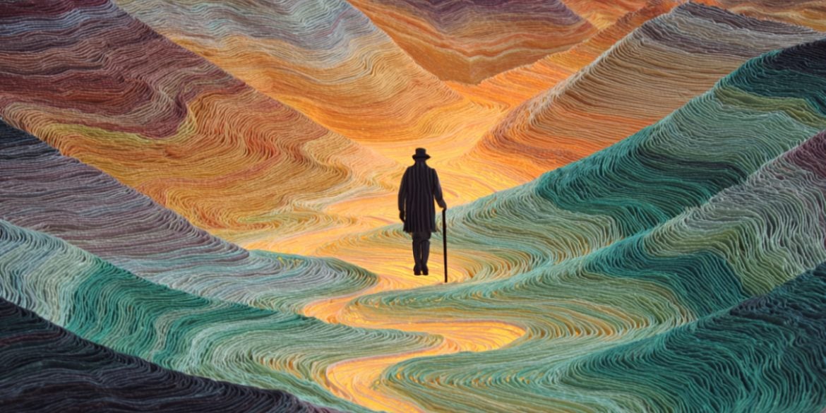 This shows an older man with a cane walking in a colorful hill system, emphasizing he is looking for his life's meaning.