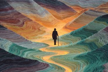 This shows an older man with a cane walking in a colorful hill system, emphasizing he is looking for his life's meaning.