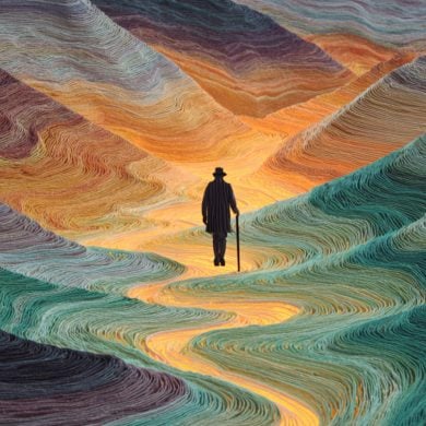 This shows an older man with a cane walking in a colorful hill system, emphasizing he is looking for his life's meaning.