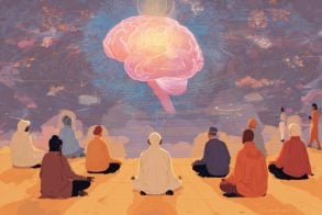 This shows a brain and people meditating.
