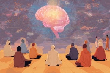 This shows a brain and people meditating.