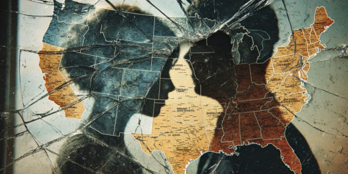 This shows a map of the US and a couple behind shattered glass.