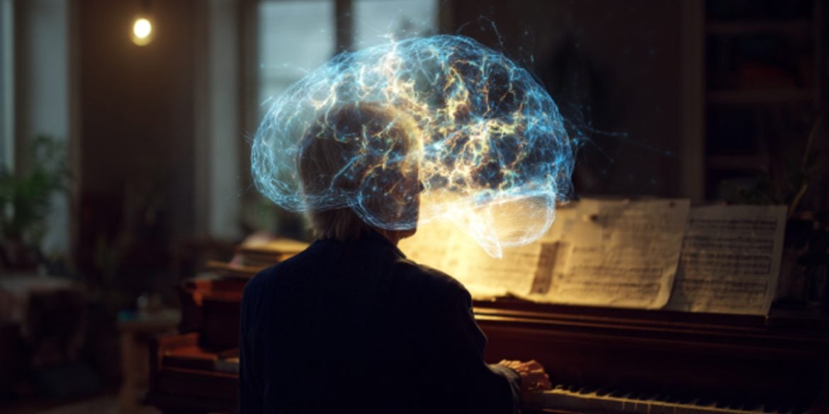 This shows an older man playing piano and a brain.
