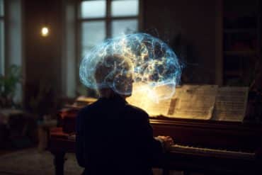 This shows an older man playing piano and a brain.