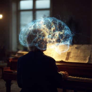 This shows an older man playing piano and a brain.