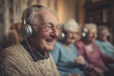 This shows an older man listening to music.