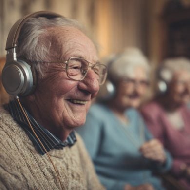 This shows an older man listening to music.