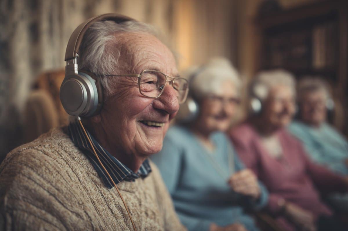 This shows an older man listening to music.