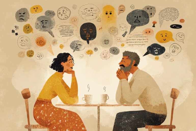This shows two people and chat bubbles.