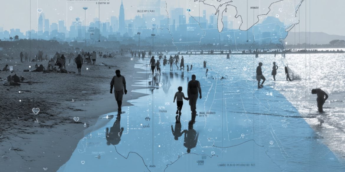 This shows people walking along a beach in the summer.