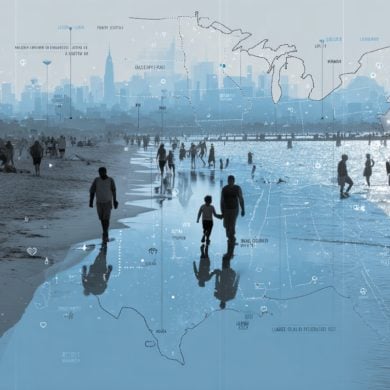 This shows people walking along a beach in the summer.