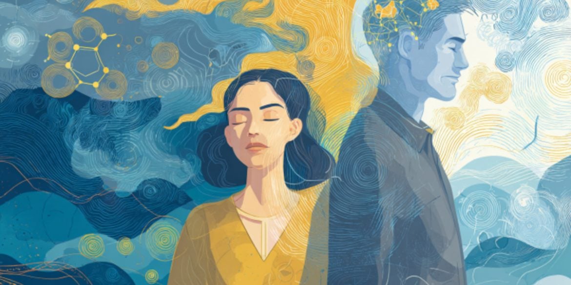 This shows a man and woman. The woman is surrounded by swirls, implying the release of scent. The man's head has a lit up area of the brain.