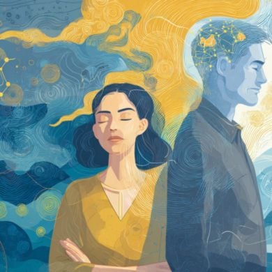 This shows a man and woman. The woman is surrounded by swirls, implying the release of scent. The man's head has a lit up area of the brain.