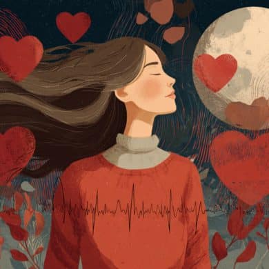 This shows a woman surrounded by a moon and hearts.