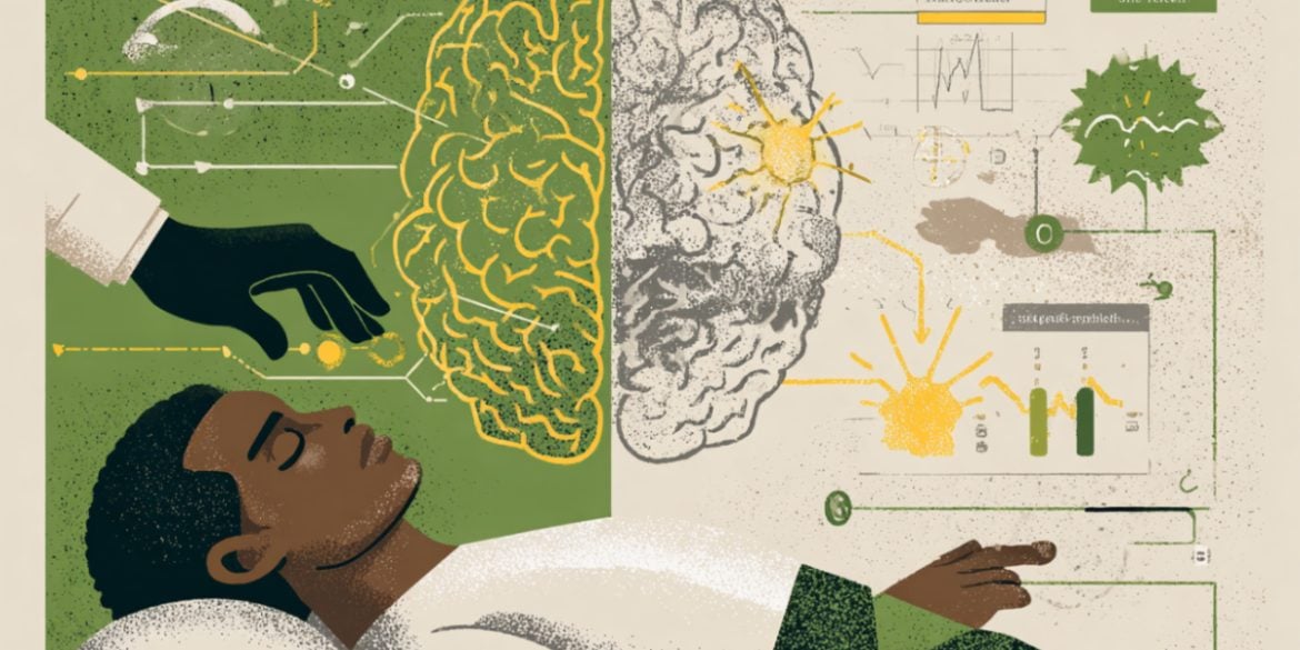 This shows a brain with a man undergoing a medical procedure below it.
