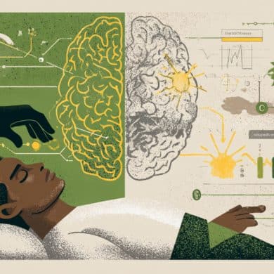 This shows a brain with a man undergoing a medical procedure below it.