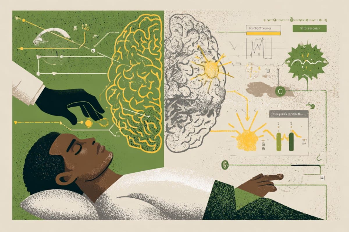This shows a brain with a man undergoing a medical procedure below it.