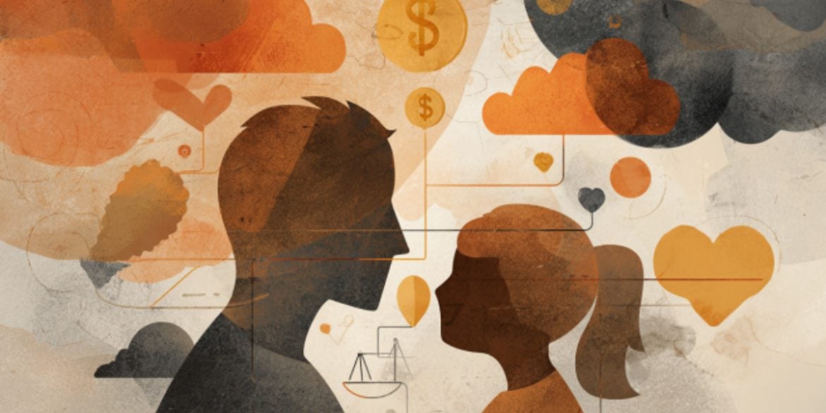 This shows a dad and child surrounded by money and dark clouds, implying financial assets do not really affect mental health outcomes.