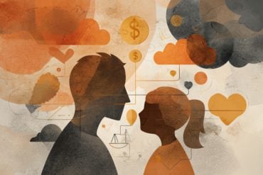 This shows a dad and child surrounded by money and dark clouds, implying financial assets do not really affect mental health outcomes.