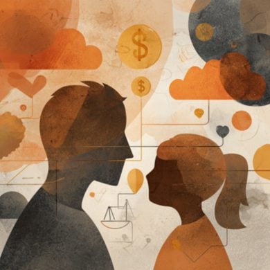 This shows a dad and child surrounded by money and dark clouds, implying financial assets do not really affect mental health outcomes.