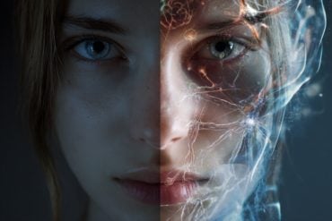 This shows a split image of a woman's face. On one side she is giving a blank stare, on the other is oxytocin molecules and a lighter expression on her face.