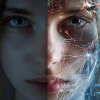 This shows a split image of a woman's face. On one side she is giving a blank stare, on the other is oxytocin molecules and a lighter expression on her face.