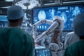 This shows a robot performing surgery.