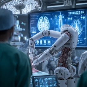 This shows a robot performing surgery.