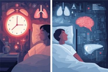 This shows two people sleeping. One has a clock in the background, the other has a brain and other organs in the background, implying poor sleep may harm health.