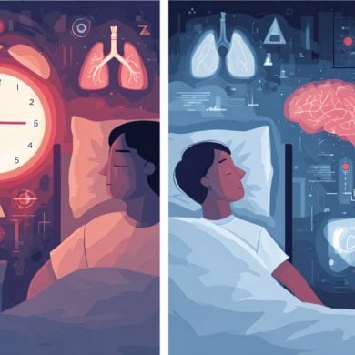 This shows two people sleeping. One has a clock in the background, the other has a brain and other organs in the background, implying poor sleep may harm health.
