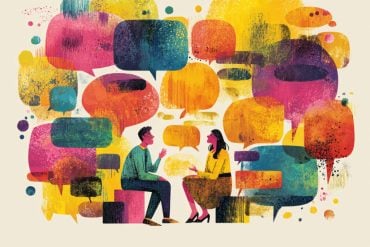 This shows people surrounded by speech bubbles.