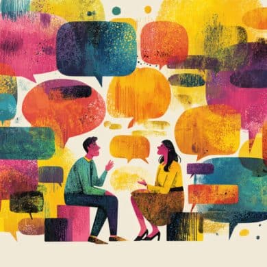 This shows people surrounded by speech bubbles.