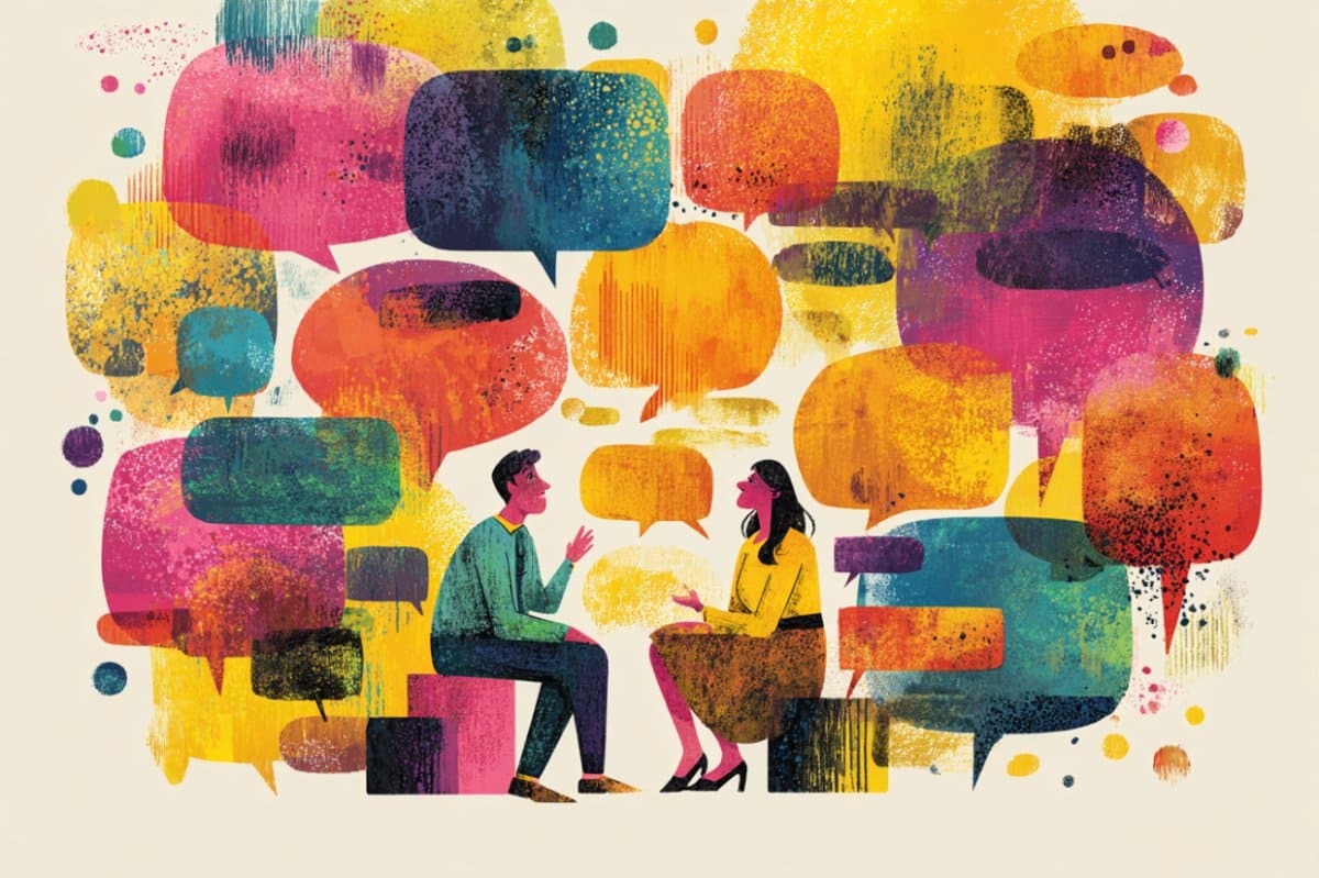 This shows people surrounded by speech bubbles.